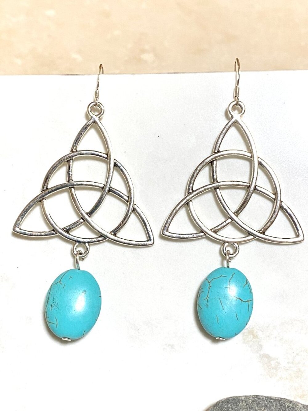 2/$20, Blue Dyed Howlite Celtic Trinity Earrings, Gemstone & 925 Silver Hooks